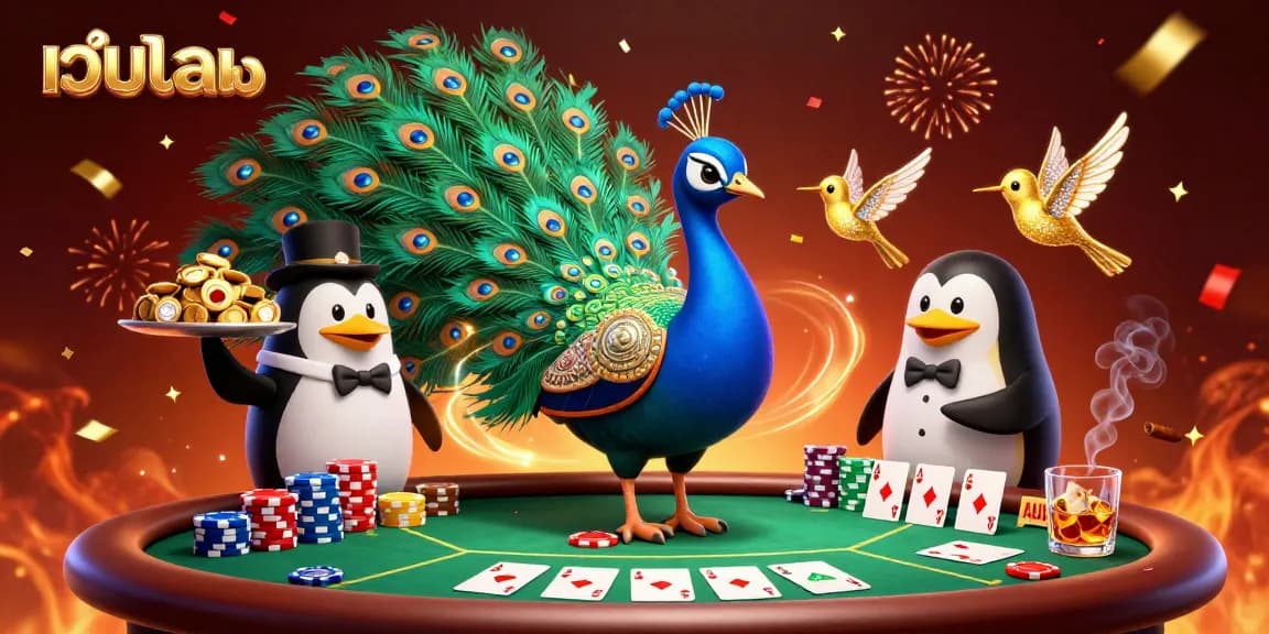 Place bets on เว็บบอล with an elegant peacock, a penguin butler, and a hummingbird