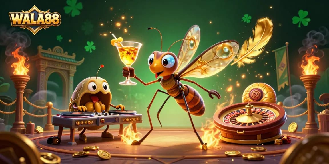 Bet on action at WALA88 with a lively casino scene featuring unique characters and elements.