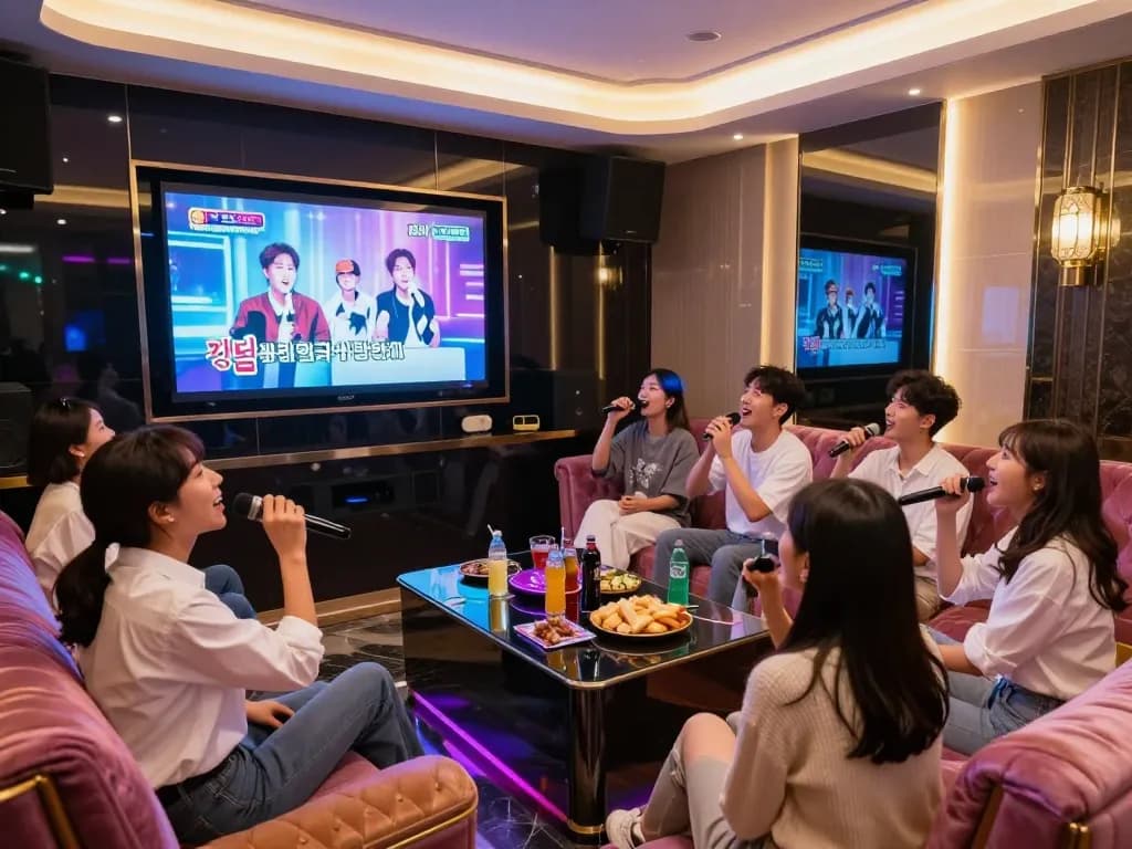 다채로운 조명, 음료, 고급스러운 개인 방 설정에서 친구들이 즐거운 밤을 보내고 있는 강남가라오케의 역동적인 장면.