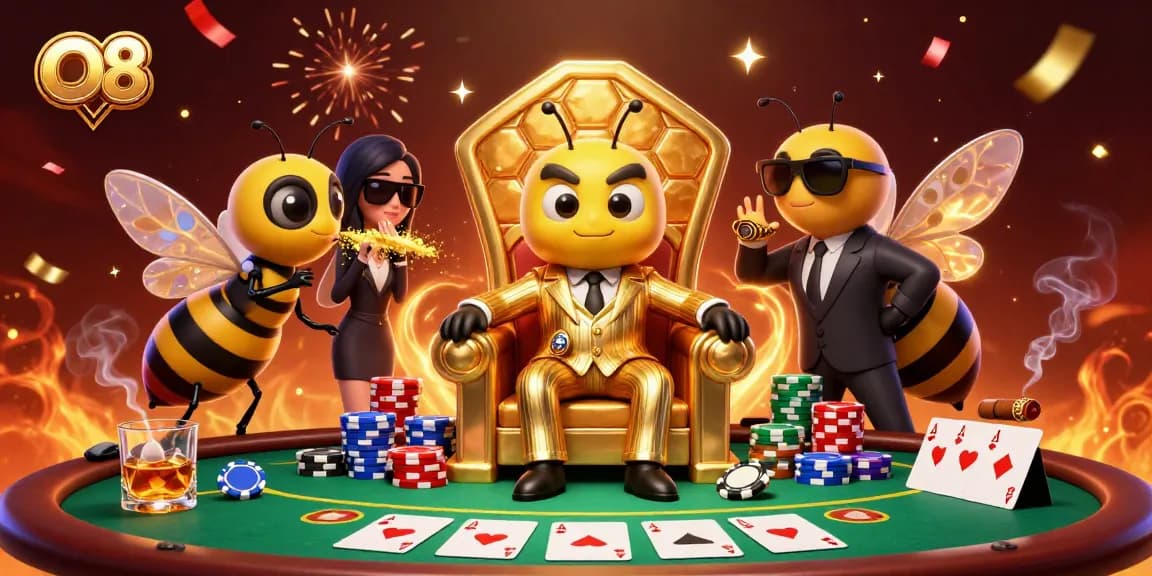 Play poker with O8's cartoon mob boss and wasp guards in a mesmerizing 3D illustration.