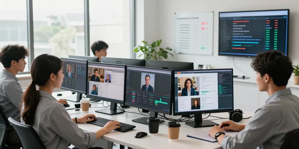 Diverse team analyzing images to detect AI-generated content in a bright tech workspace with dual-monitor setups.