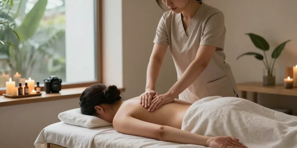 마사지 중인 편안한 스웨디시 마사지 장면, 아늑한 분위기의 현대 스파에서 제공됨