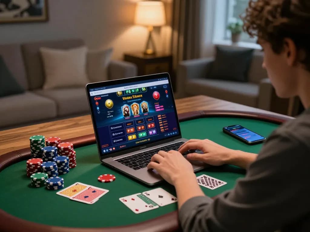 Engaging gameplay on sunwingo displayed on a laptop in a cozy home environment, showcasing strategic online gambling.