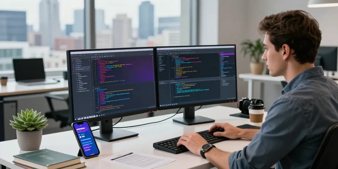 Dynamic coding workspace highlighting software development at teiegramin.com with vibrant code and modern tech gadgets.