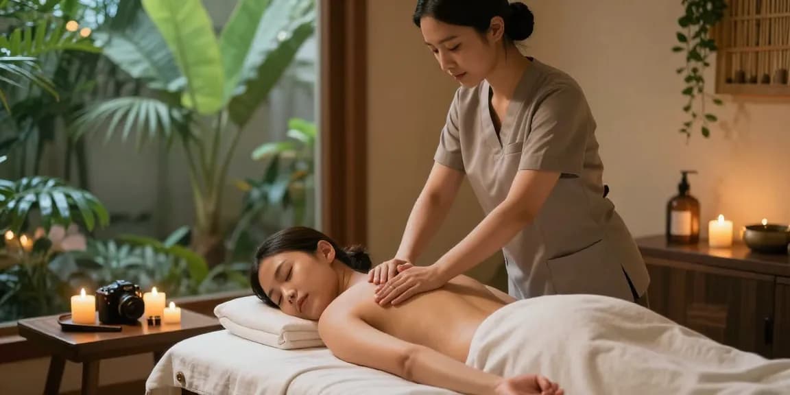 마사지 치료 중인 고객 모습, 아늑한 분위기에서 편안한 스파 환경을 강조