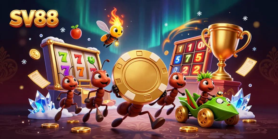 SV88 heist scene with ants, poker chip, and vibrant gambling elements in an exciting casino atmosphere.
