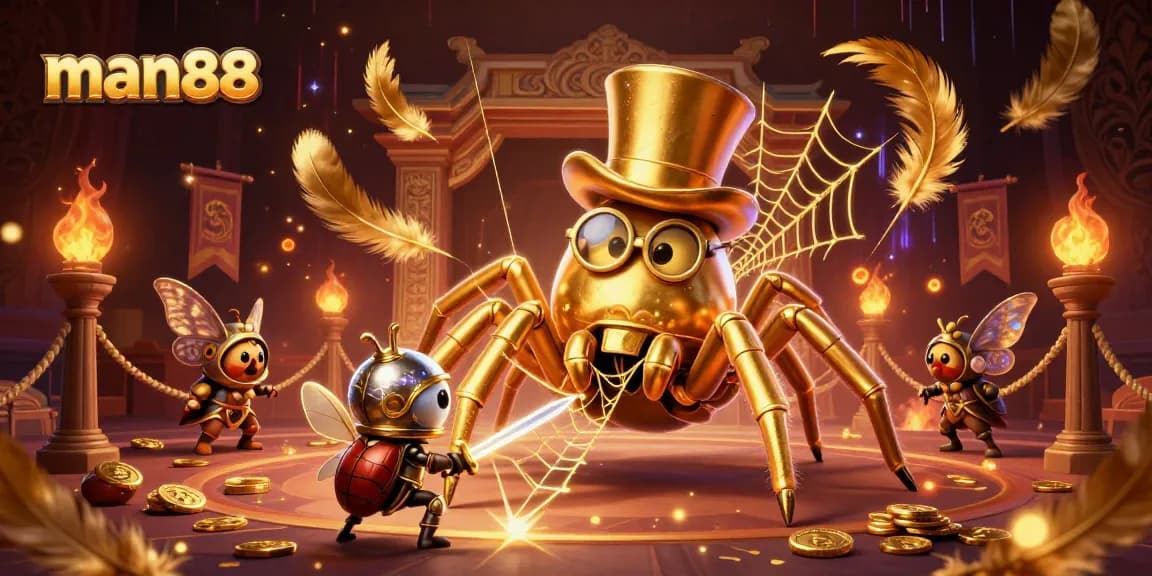Engage in thrilling gameplay at man88 with a vibrant scene showcasing a golden tarantula weaving winning webs.