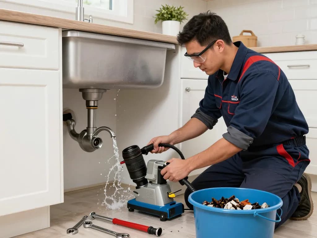 Drain cleaning Northwest Indiana service technician using equipment to clear a blocked kitchen sink in a modern kitchen.
