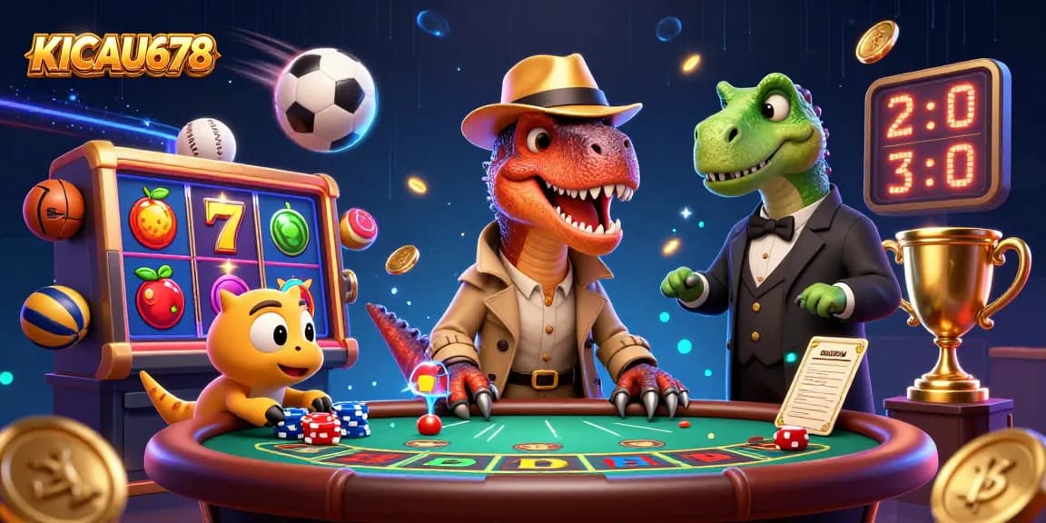 KICAU678 showcases a velociraptor card counter with slot reels in a lively casino scene.