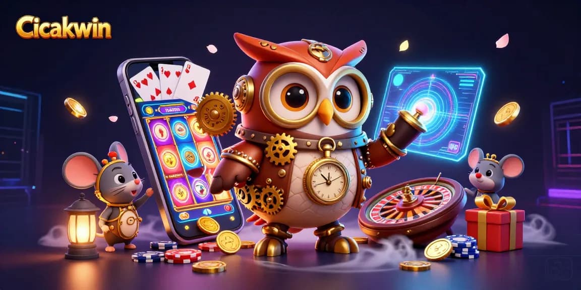 Cicakwin showcases a vibrant casino scene with a time-traveler owl and gaming elements, enticing players to win big.