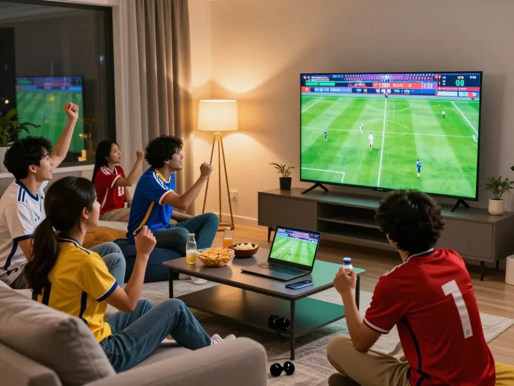 Excited fans watching live football match on https://luongson117.tv/ in a cozy living room setting with snacks and jerseys.