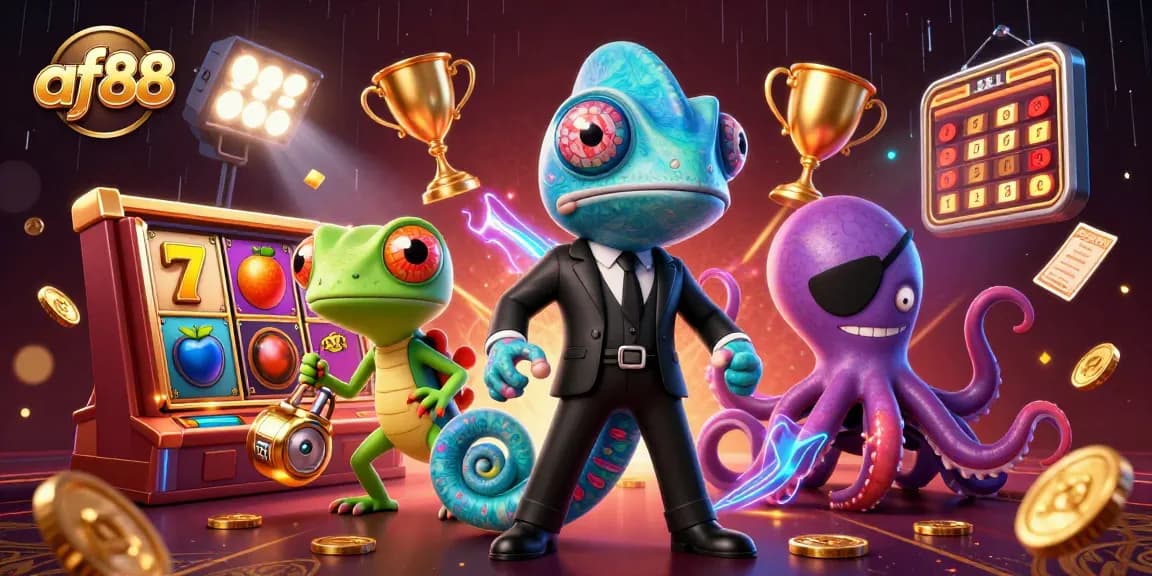 Experience excitement at af88 with a dynamic 3D casino scene featuring a vibrant chameleon and gecko