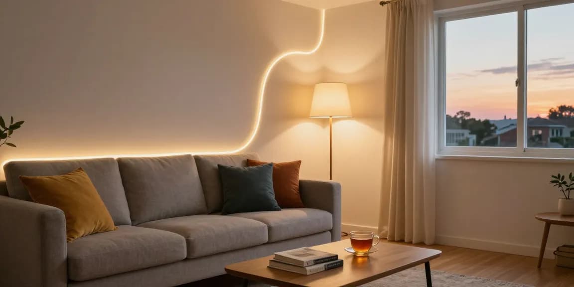 Iluminare modernă cu banda LED în living, canapea confortabilă și atmosferă relaxantă.