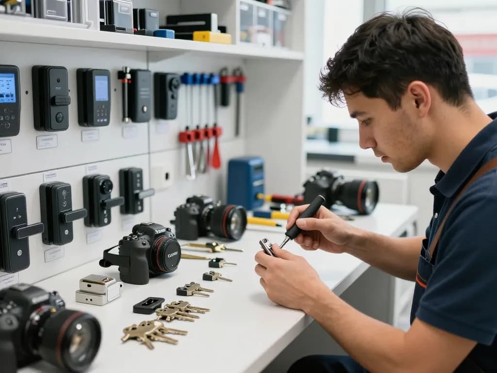PSL Lock and Key professional locksmith repairing automotive locks in a well-organized workshop