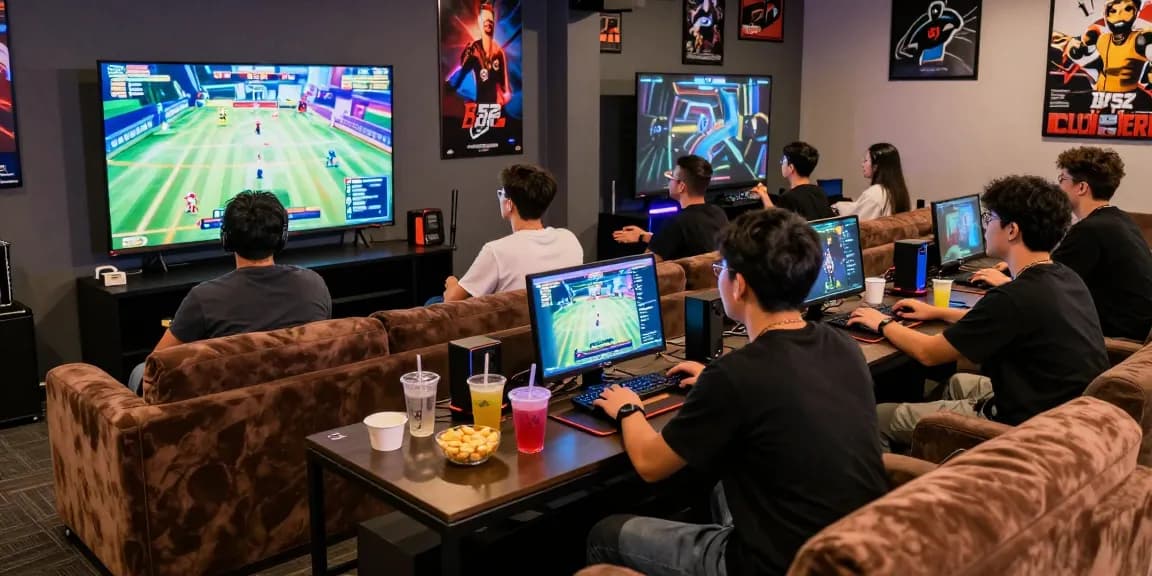 Friends playing online games at https://b52club.radio.fm/ in a vibrant gaming environment.