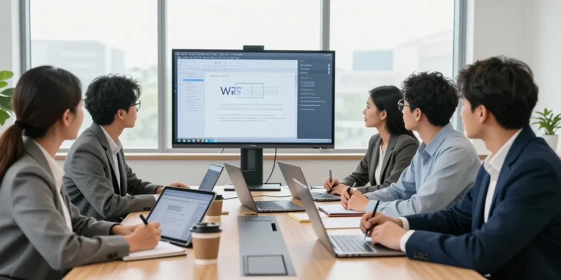 展示WPS官网优势的团队协作场景，现代办公室内的多元化专业团队讨论共享屏幕上的文档。