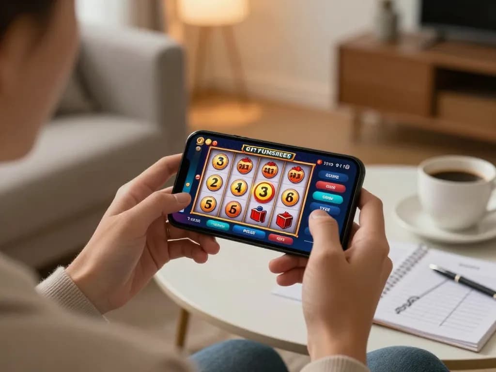 Engaging mobile gaming on a situs slot app with vibrant slot reels in a cozy setup.