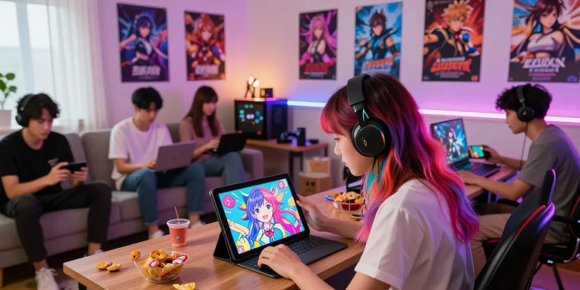 Gamers immersed in hentaigame experience across multiple devices, showcasing vibrant graphics and a lively atmosphere.