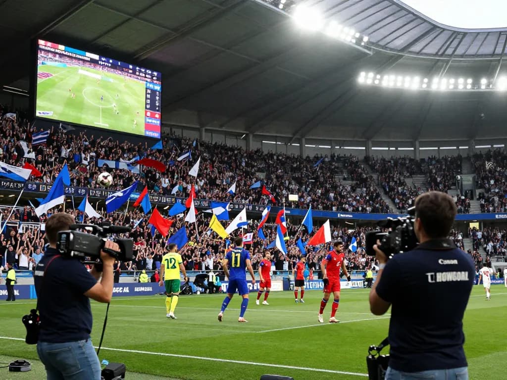 Dynamic soccer match with live scores on NOWGOAL, fans cheering and players in action.
