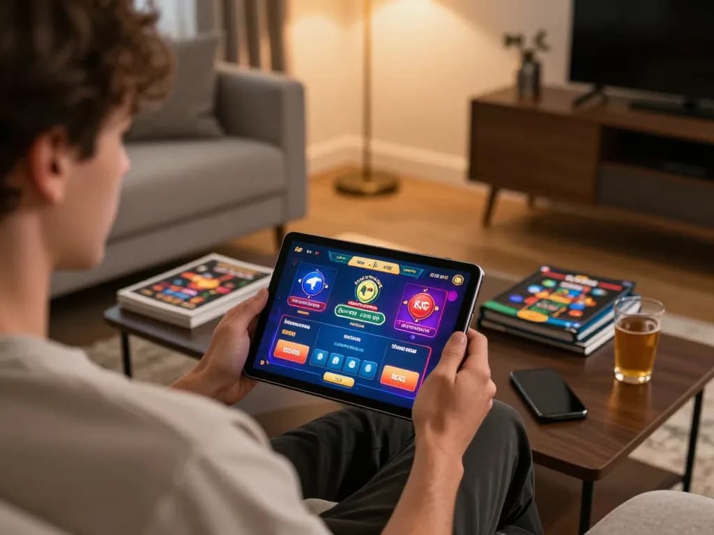 KJC player enjoying online casino game on tablet in cozy home setting
