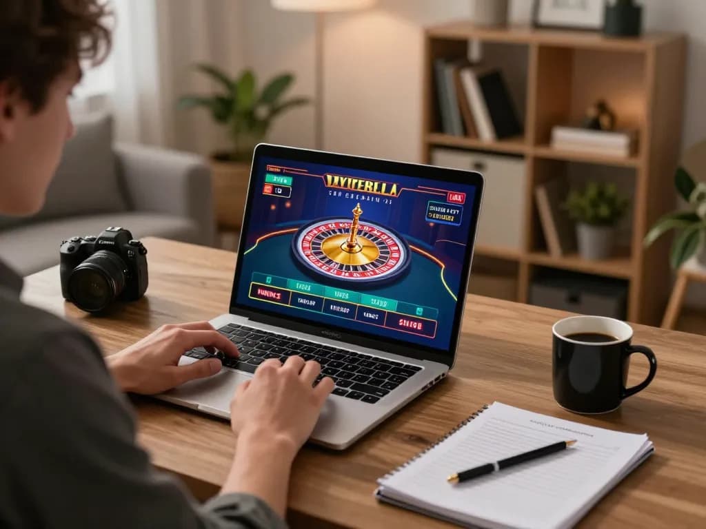 Engaging online gaming experience with mb66, player interacting with live roulette on a laptop in a cozy home office.