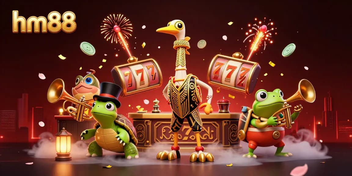 Engage with exciting casino games at hm88, featuring dynamic slot reels and vibrant characters.