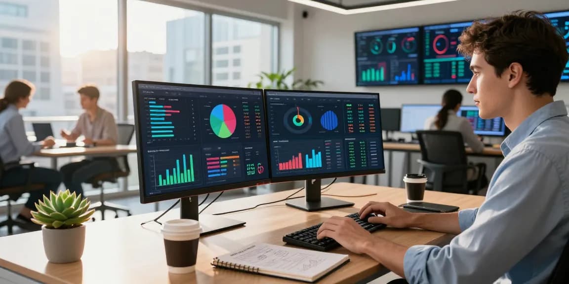 Data analytics workspace depicting https://factors.org.uk with analysts evaluating performance metrics among modern office settings.