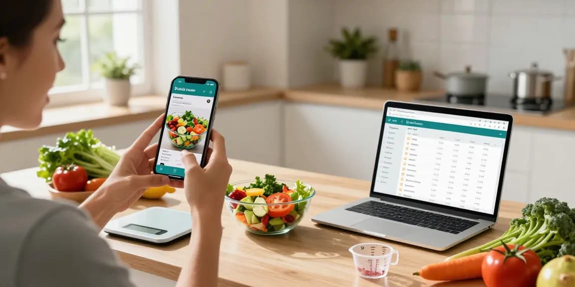 Person using the best calorie tracker app in a bright kitchen, surrounded by fresh ingredients and nutrition data.
