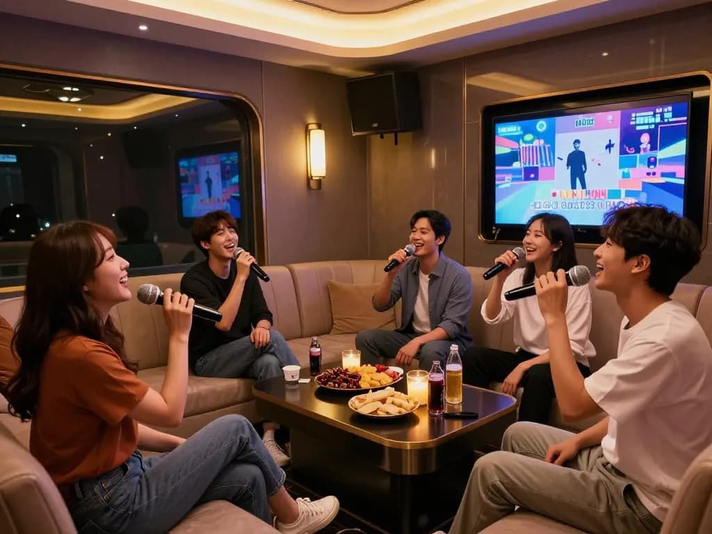 www.3no.org/bupyeong에서 친구들과 함께하는 활기찬 노래방 밤, 편안한 좌석과 아늑한 조명이 특징입니다.