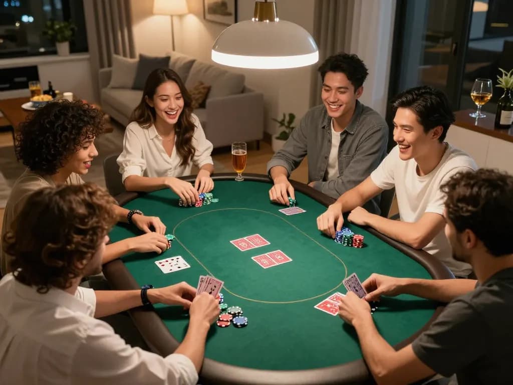 Friends engaging in a poker game in a cozy home setting, highlighting game bài mb66 strategy