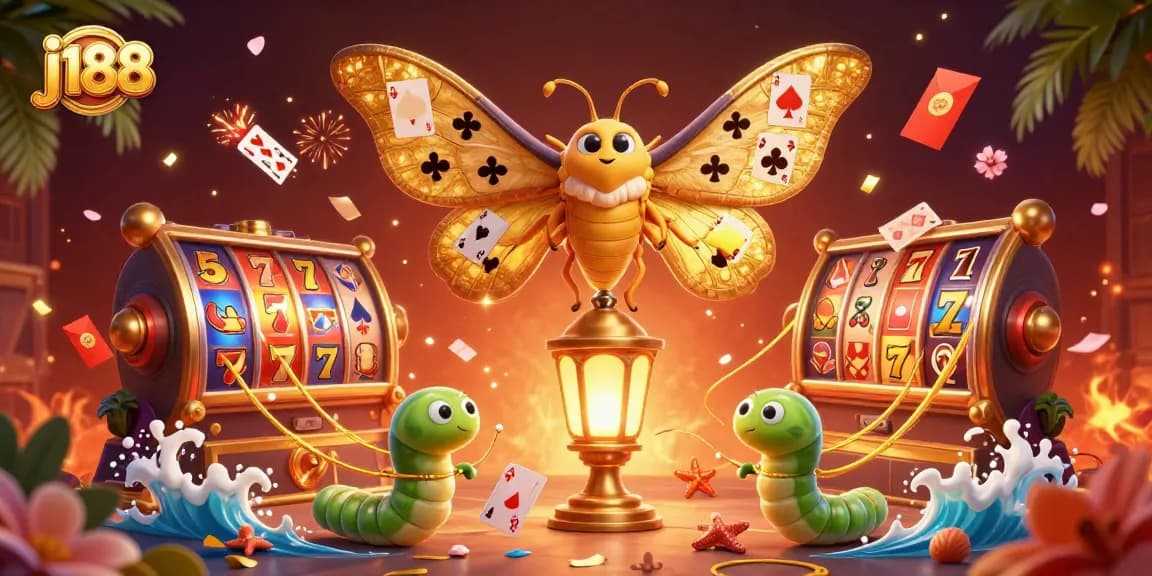 Spin the j188 slot reels with mesmerizing golden moth and vibrant casino elements.