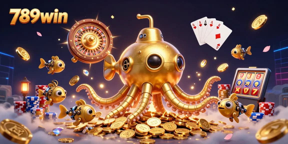 Win big at 789win with thrilling casino action featuring a golden kraken amid cascading coins.