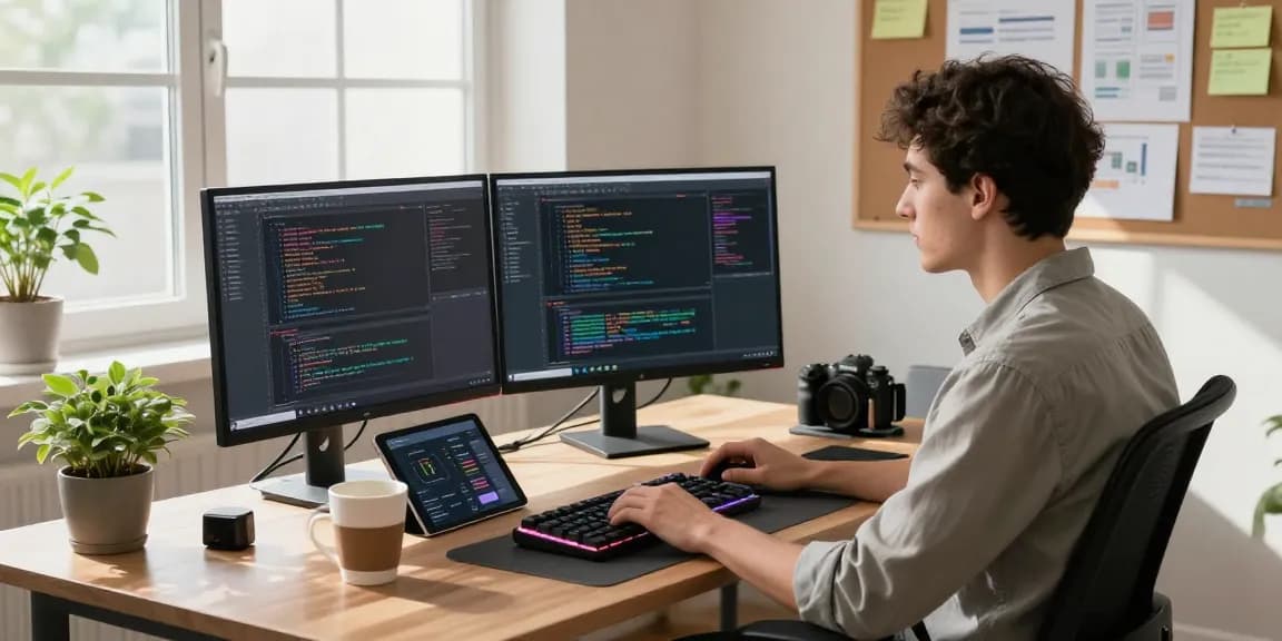 快连 software development workspace with developer coding and tech gadgets