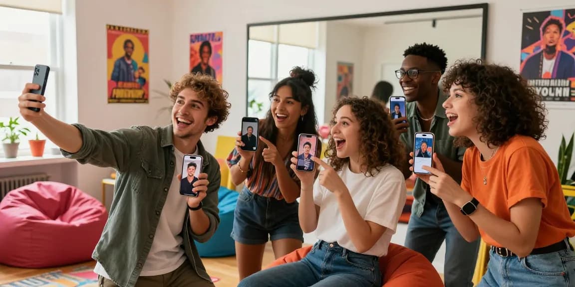 Group of friends joyfully exploring look alikes of famous people on smartphones in a colorful studio.