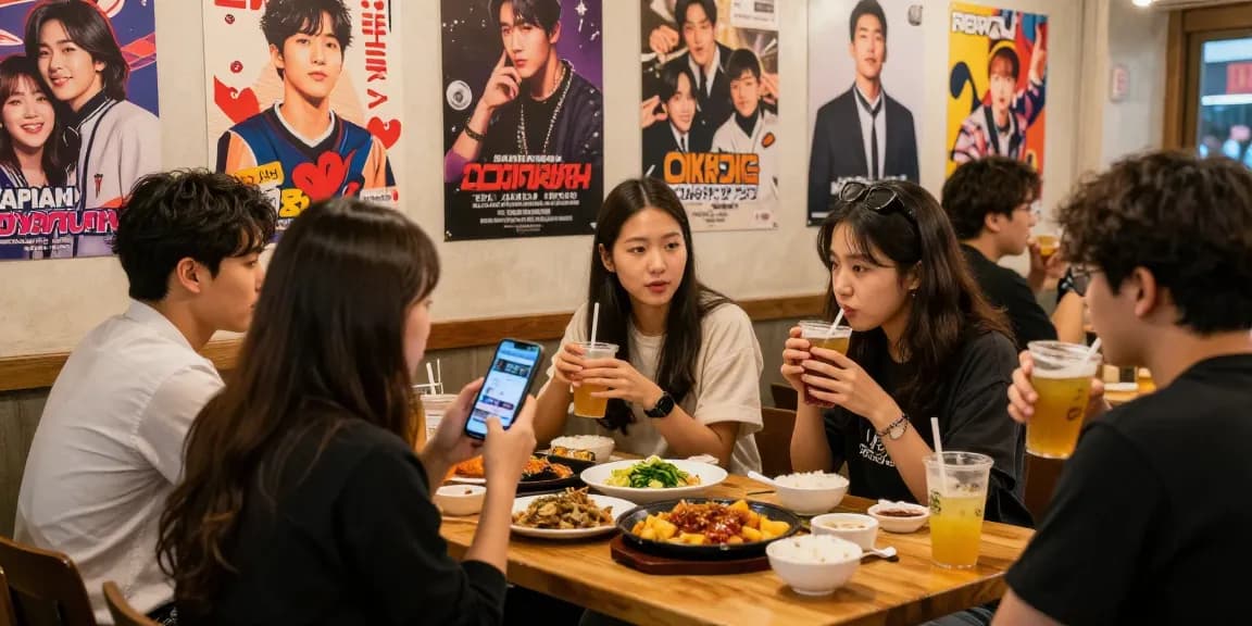 Engaging scene of friends discussing Asian pop culture at https://hanadultalk.com café with vibrant decor and street food.