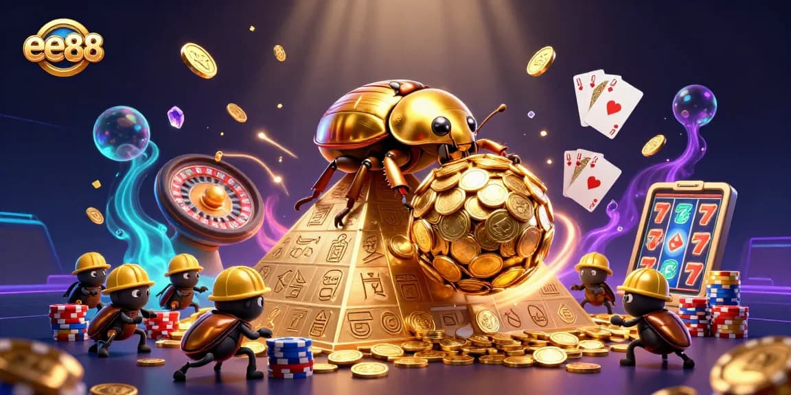 Engage with ee88's vibrant casino world featuring golden beetles and a wealth of gaming elements.