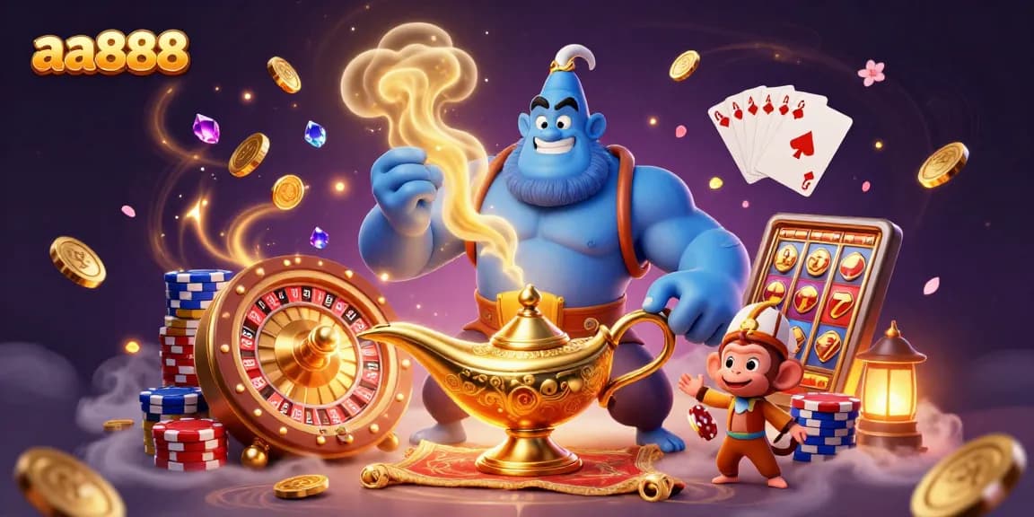 Experience thrilling wins with aa888 at our vibrant casino illustration featuring a genie and poker elements.