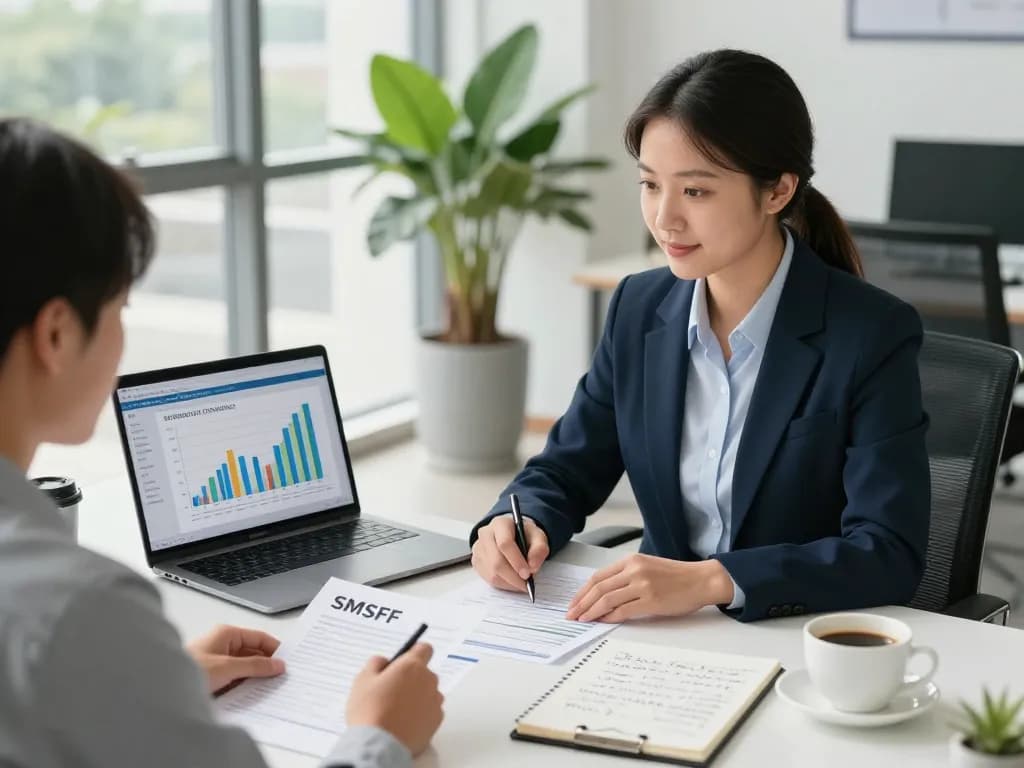 SMSF Accountant helping clients in a modern office, showcasing professional accounting services for self-managed super funds.