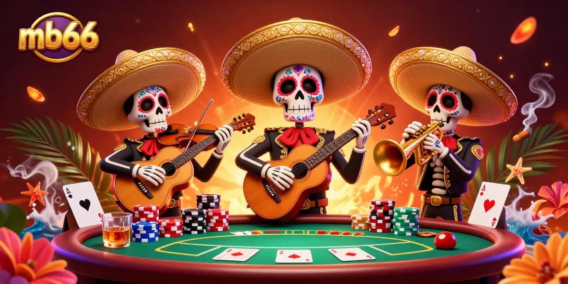Engage in exciting casino action at mb66 with a vibrant Mariachi band and poker scene.