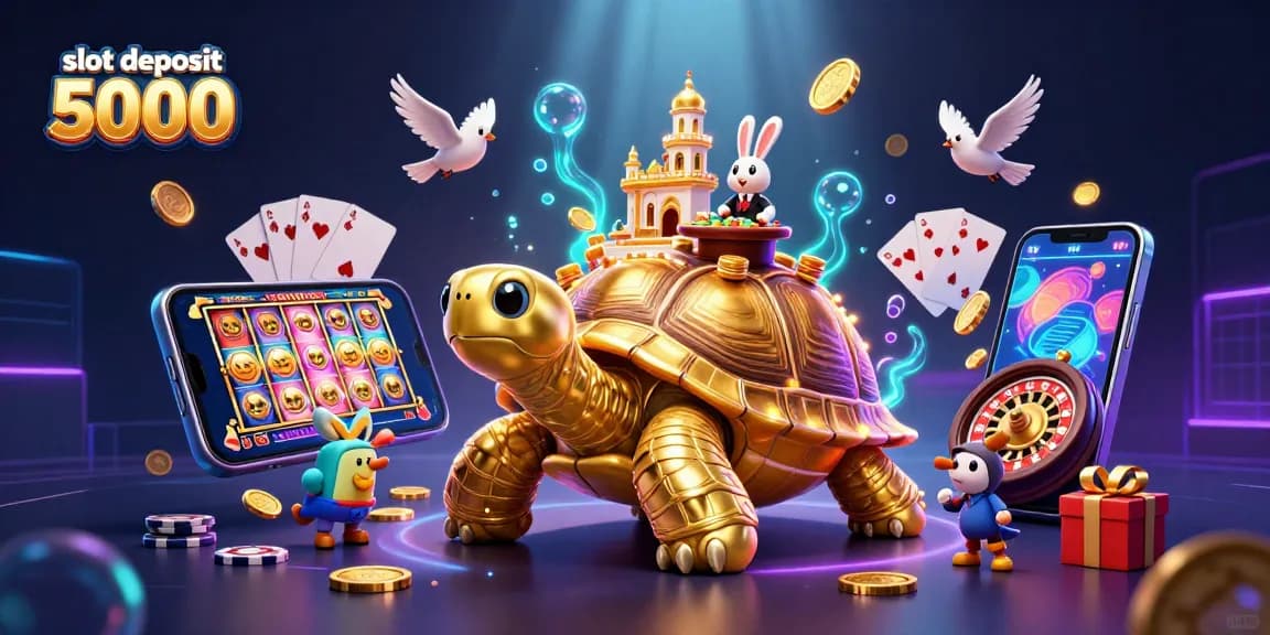 Engage with thrilling slot deposit 5000 opportunities alongside a giant tortoise casino and colorful game elements.