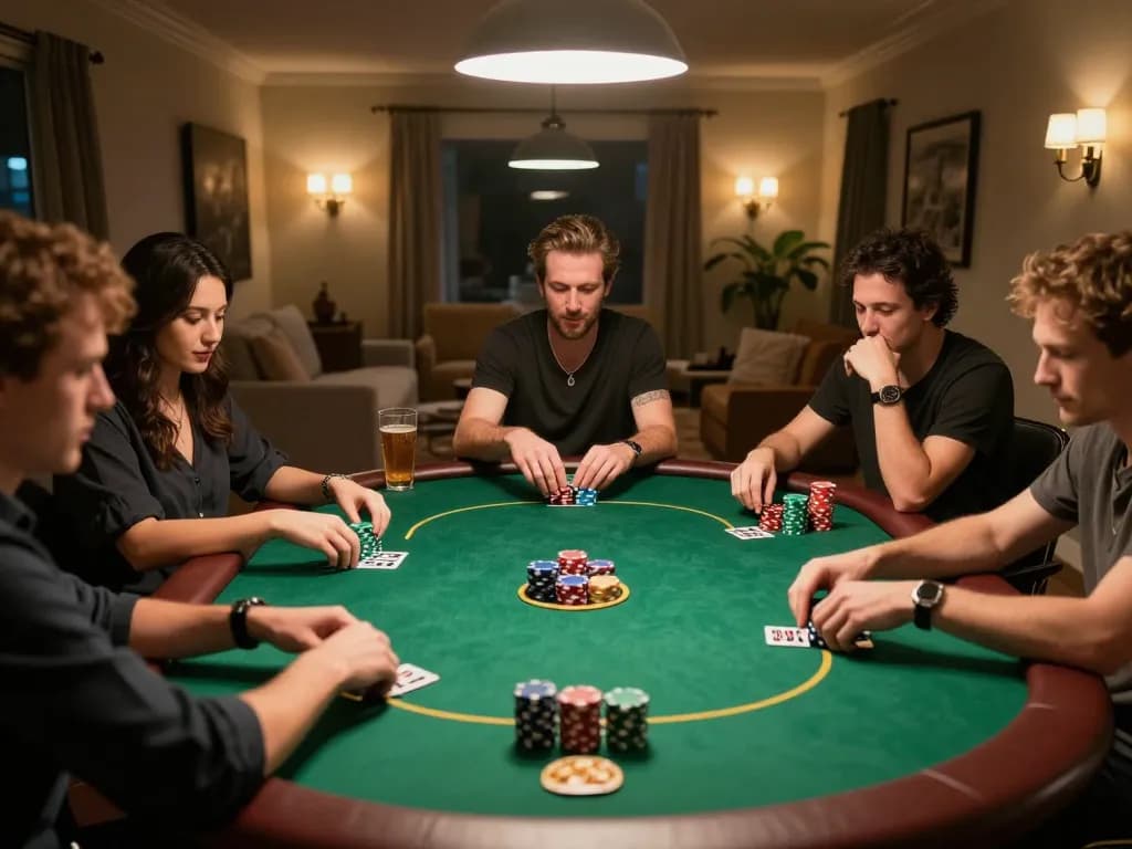 Xin88 players strategizing during a home poker game with chips and cards on the table.