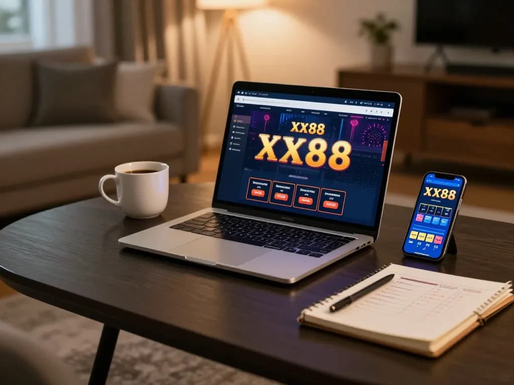 Player reviewing strategies on xx88 while enjoying online gaming in a cozy home setup.