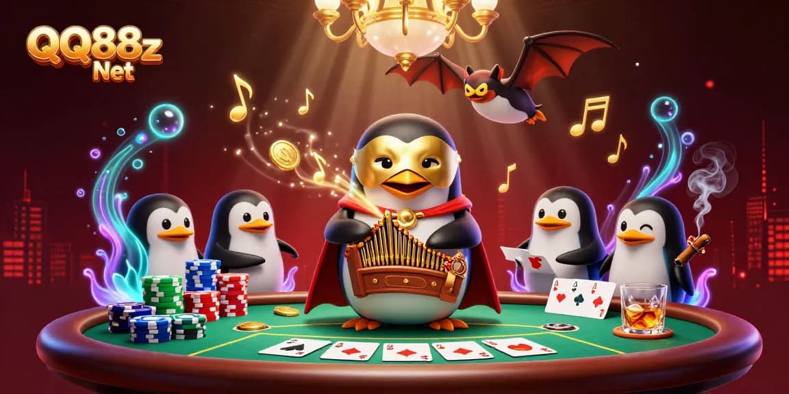 Experience the excitement of QQ88z Net through our vibrant casino illustration with a penguin organist and poker elements.