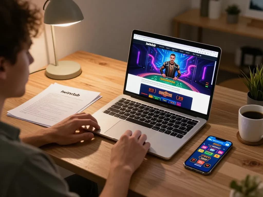 Iwinclub user engaging with live dealer game on laptop, surrounded by betting notes in a cozy home office.