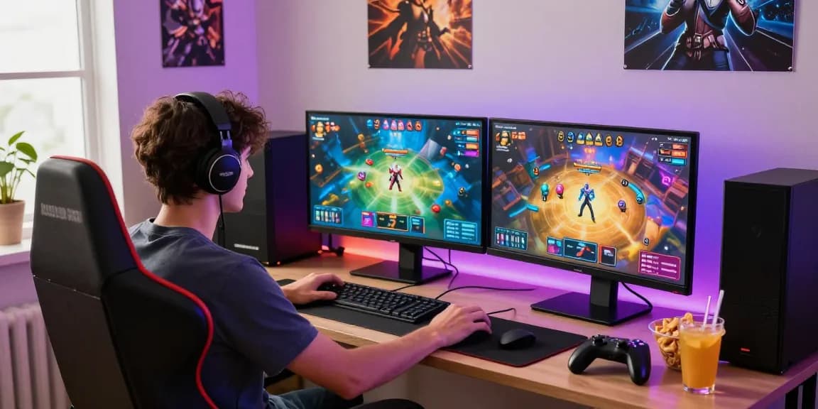 Excited player engaged in rikvip online card game with dual monitors and snacks.