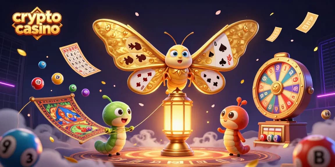 Le casino crypto offre une illustration vibrante avec un papillon en 3D et des éléments de jeu.