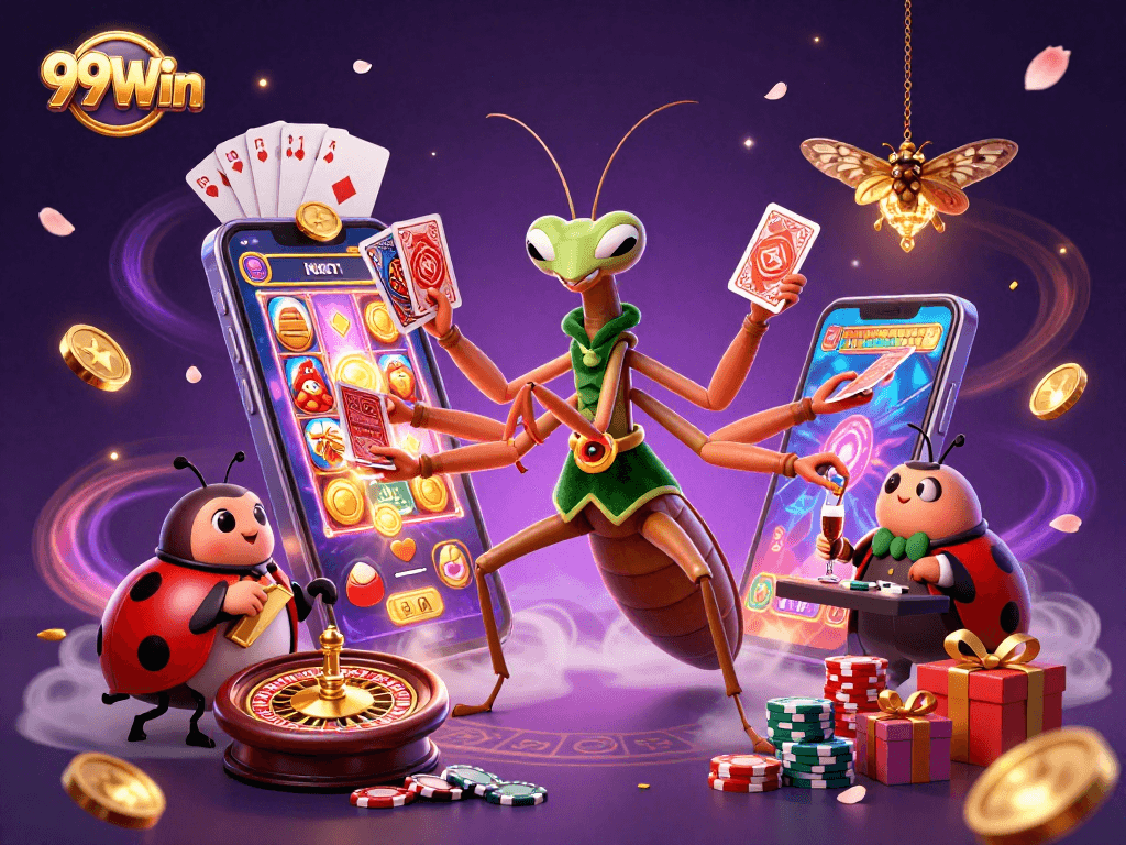 Experience thrilling 99Win casino action as the mantis sharp deals cards amidst a vibrant scene.