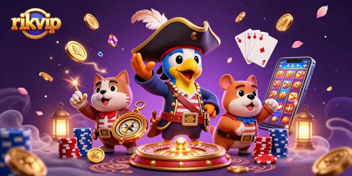 Spin and win with rikvip, featuring a dynamic casino scene with a pirate captain and colorful game elements.