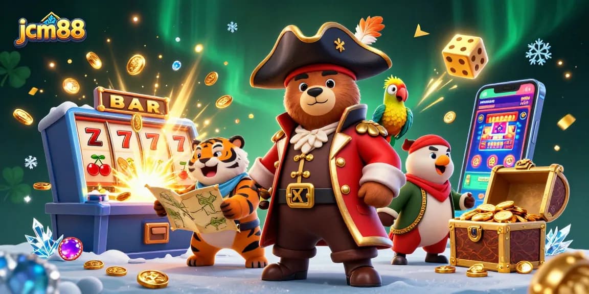 Experience the excitement of jcm88 with a vibrant scene featuring pirates, slot machines, coins, and treasure.
