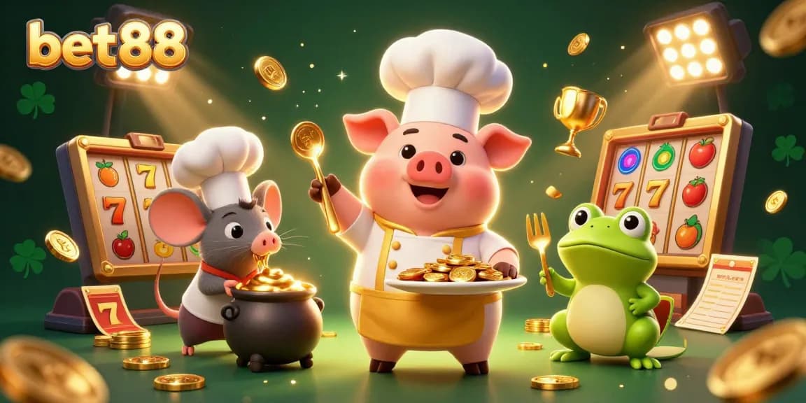 Experience the thrill of bet88 with 3D illustrations of cartoon characters, gold coins, and slot machines.